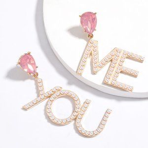 Me & You BFF Gold Pink Rhinestone Pearl Earrings
